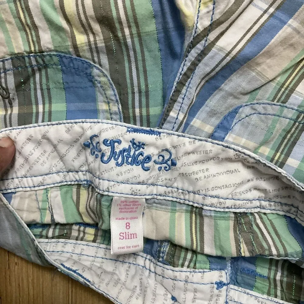 Justice Girls Shorts Size 8 Slim Roll Up Olive /Light Blue / White Plaid Sparkle